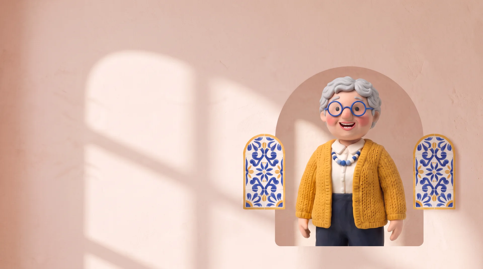 La Professoressa Ada, di argilla, in una nicchia ad arco tra piastrelle di maiolica