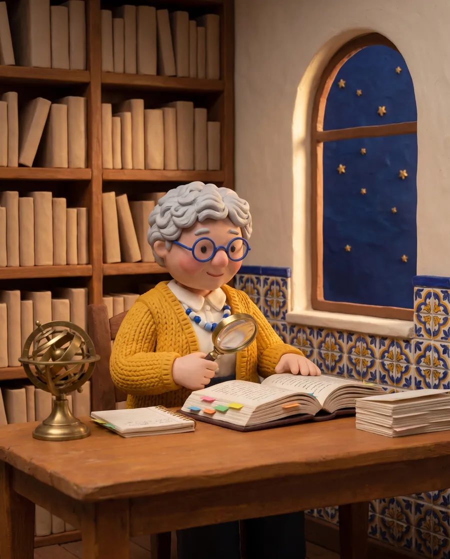 Ada in biblioteca confronta un libro con i suoi appunti, con una lente d'ingrandimento